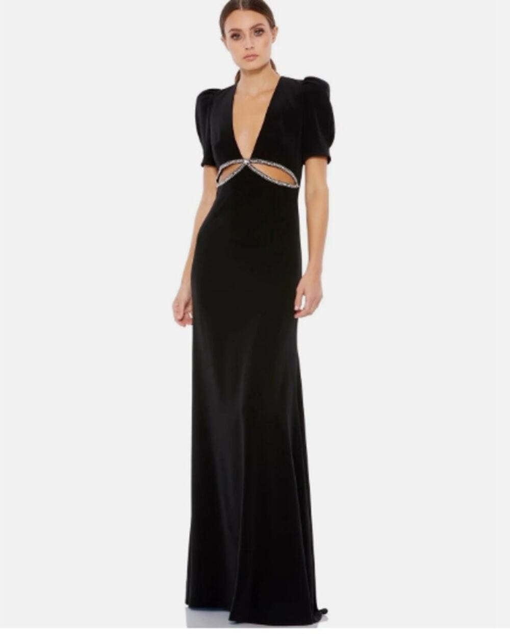 MAC DUGGAL 2630 Black Plunge Neck Puff Sleeve Cut Out Column Gown Size 2